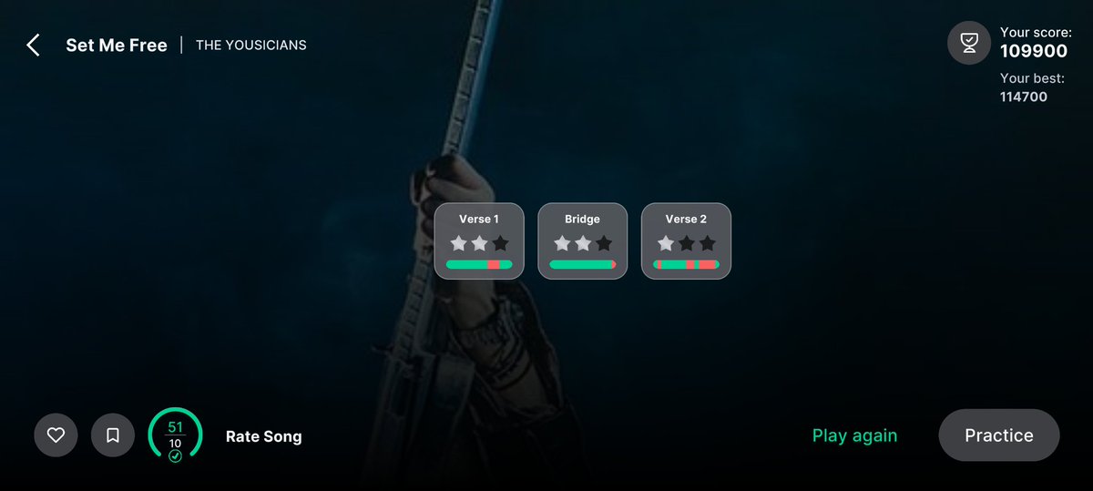 MitchellMurtoff's tweet photo. Here are the results from playing my Tanglewood acoustic-electric guitar 🎸 today. I did well on my warm-up session and improved significantly on my current lesson, earning two out of three stars on the first two sections of the song. I am currently on a 128 week playing streak. https://t.co/wCcByCUeYo