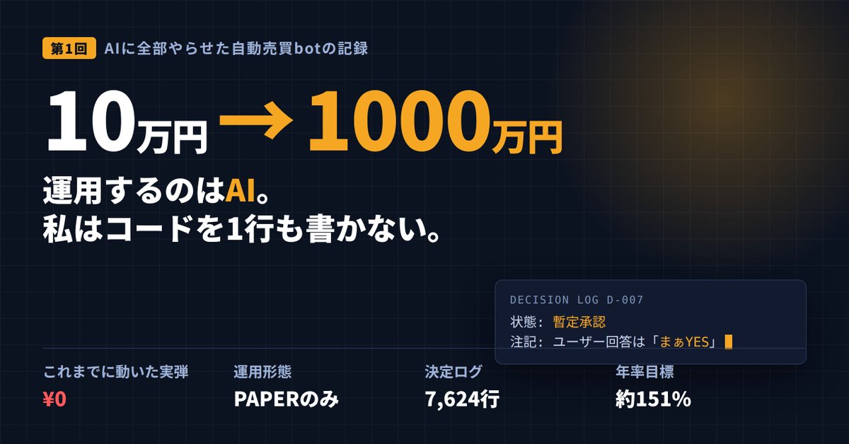 monkeycoretime's tweet photo. 自動売買botをAIに丸投げ。私はコードを1行も書いていません。
元手10万円→5年で1000万円が目標。実弾はまだ0円。
初日の「まぁYES」がAIの記録に「暫定承認」と残っていた話。
https://t.co/FjnvDWoxJq
#仮想通貨bot #ClaudeCode https://t.co/09lMSZIkee