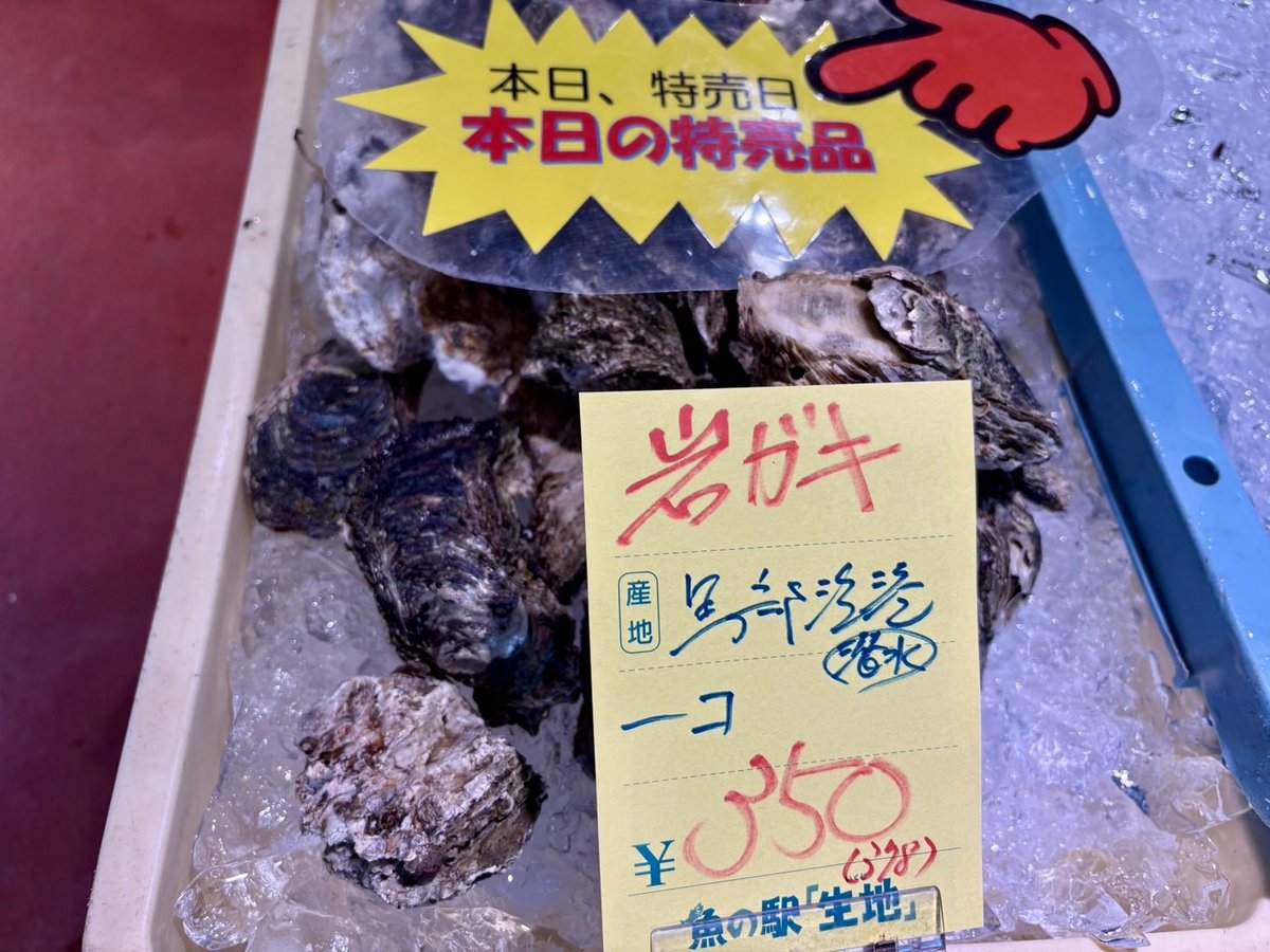 toretatekan's tweet photo. ＼🦀紅ずわいがに＆岩ガキ特売日🦪／ 
解禁したての『紅ずわいがに』に加えて、本日は『天然岩ガキ』が特売でお買い得です✨

面倒な『下処理無料』でお渡し🔪✨ 
ご注文・お取り置きは公式LINEへ📲
https://t.co/i113yUQcud
#魚の駅生地 https://t.co/0VHUtwjY3S