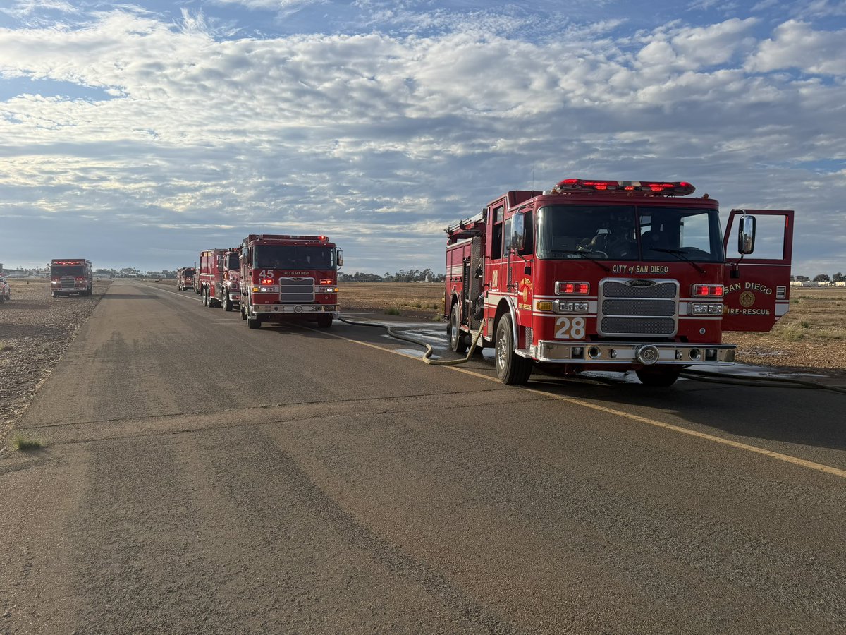 SDFD's tweet photo. Approximately 30 SDFD personnel are on scene of a small plane on fire on the runway at the Montgomery-Gibbs Executive Airport. The airport will be temporarily closed during emergency operations. https://t.co/RFeNr9YFCf