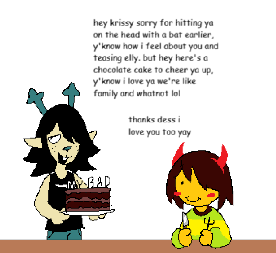 dominyuck's tweet photo. this is my dess is nice to kris theory it's where dess got a chocolate cake for kris after hitting them on the head with her wiffle bat and they made up after being scolded ❤️ https://t.co/K5qXFsAjqy