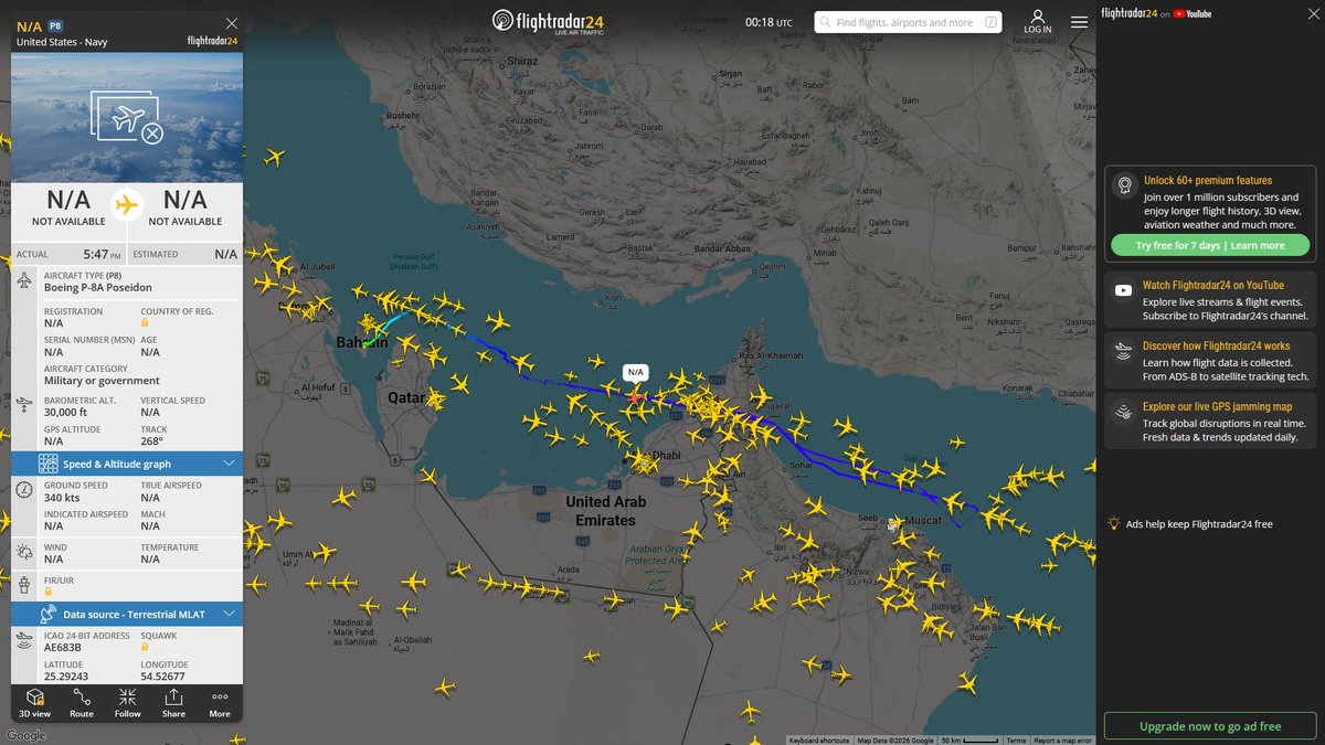 AIYeyENGDdJkjTr's tweet photo. Sept. 8, 2026
#Isa Air Base , Bahrain ==> #Arabian Sea
#NoCALLSIGN #AE683B USN P-8A Poseidon https://t.co/nM86ZReqQn