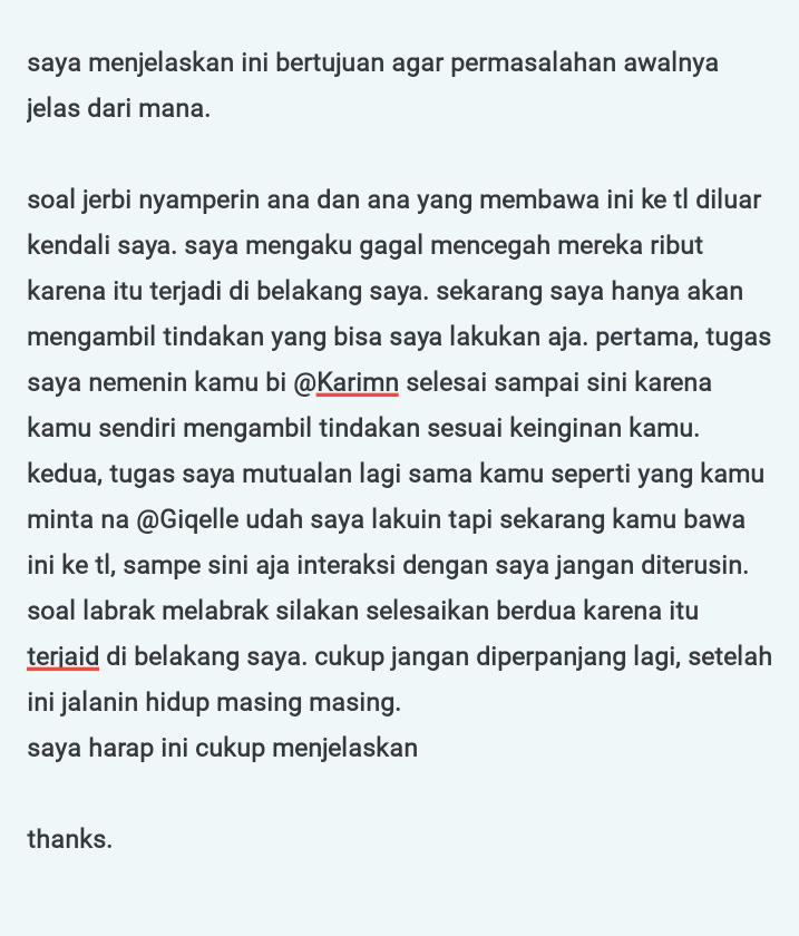 Minfgi's tweet photo. sebelumnya saya minta maaf karena munculnya masalah ini telah membuat suasana di timeline menjadi tidak nyaman. karena masuk ke tl, terpaksa saya selesaikan disini. 

baca ini. @Karimn @Giqelle https://t.co/i9EkOm0W9H