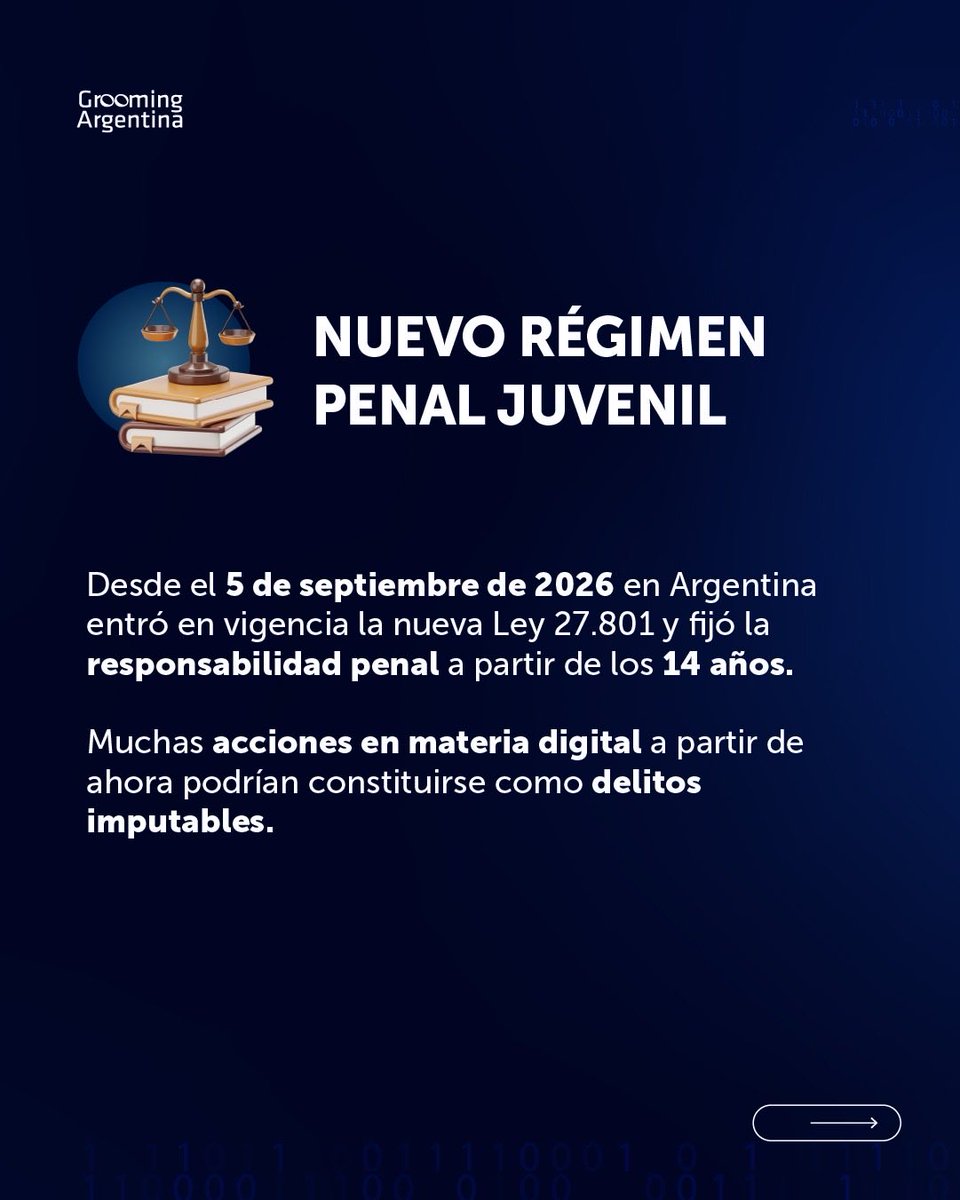 GroomingArg's tweet photo. ⚖️ HABLEMOS DEL NUEVO RÉGIMEN PENAL JUVENIL

👨🏻‍⚖️ Con la entrada en vigencia de la Ley 27.801, determinadas conductas, también en entornos digitales, pueden tener consecuencias legales a partir de los 14 años.

🧠 Comprender este nuevo marco legal es una oportunidad para reflexionar sobre los límites, el respeto por los pares y el verdadero impacto de lo que hacemos y compartimos en #Internet.

💬 Abrir la conversación entre familias, escuelas y adolescentes es fundamental para construir un entorno digital más seguro para todas y todos.