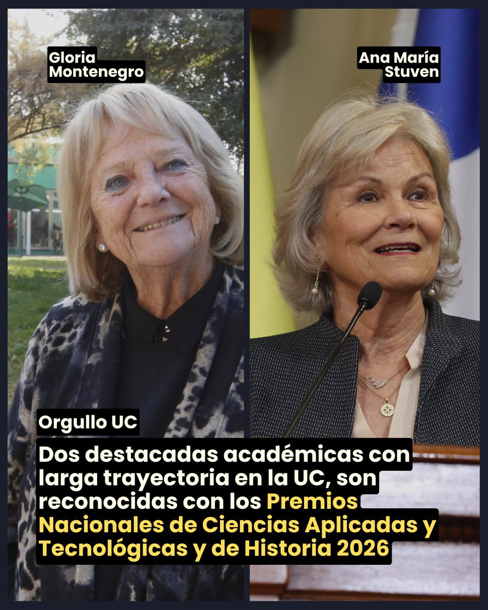 ucatolica's tweet photo. #OrgulloUC | Dos Premios Nacionales, dos trayectorias que han contribuido a transformar Chile desde el conocimiento.

🌿🐝 Gloria Montenegro, académica UC, recibió el Premio Nacional de Ciencias Aplicadas y Tecnológicas 2026 y se convirtió en la primera mujer en obtener este reconocimiento.
📚 Ana María Stuven, quien desarrolló parte importante de su trayectoria académica en la UC, fue distinguida con el Premio Nacional de Historia 2026 por su aporte a la renovación de la historia política e intelectual chilena.

¡Felicitaciones a ambas! 💛💙