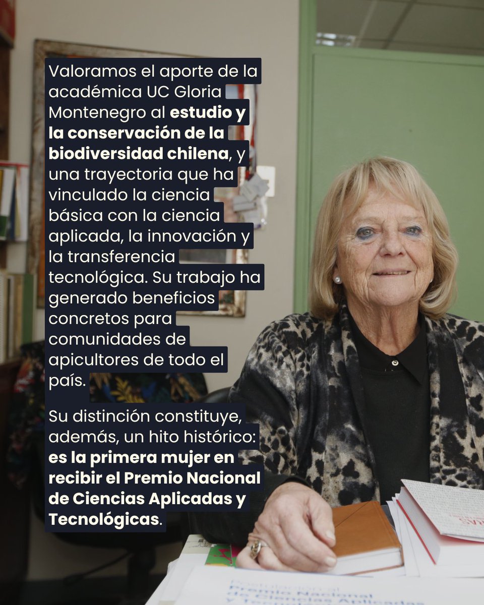ucatolica's tweet photo. #OrgulloUC | Dos Premios Nacionales, dos trayectorias que han contribuido a transformar Chile desde el conocimiento.

🌿🐝 Gloria Montenegro, académica UC, recibió el Premio Nacional de Ciencias Aplicadas y Tecnológicas 2026 y se convirtió en la primera mujer en obtener este reconocimiento.
📚 Ana María Stuven, quien desarrolló parte importante de su trayectoria académica en la UC, fue distinguida con el Premio Nacional de Historia 2026 por su aporte a la renovación de la historia política e intelectual chilena.

¡Felicitaciones a ambas! 💛💙