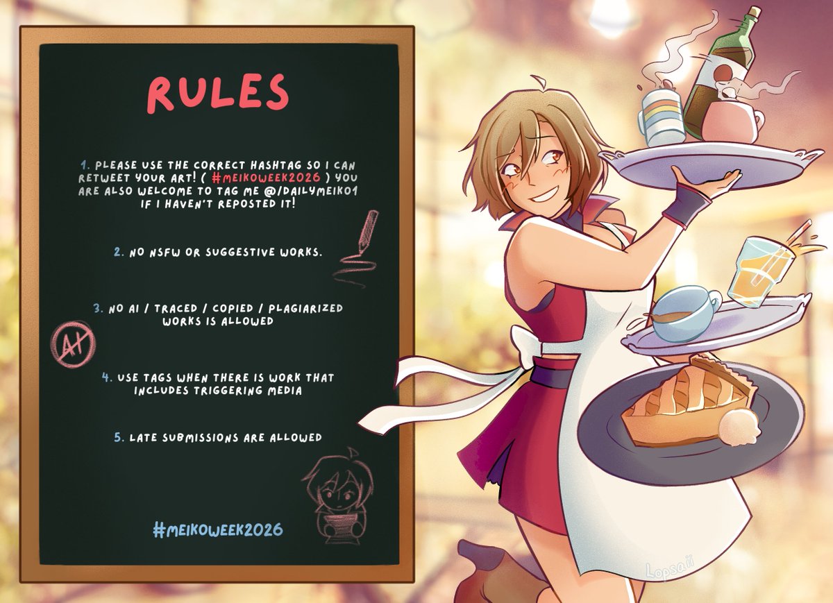 dailymeiko's tweet photo. ᥫ᭡.ִֶָ𓂃 MEIKO Week 2026 🍷

Here is the official rules and prompt list for #MEIKOWeek2026 !

The week will run from October 30th - November 5th!

Thank you to everyone's support regarding MEIKO Week so far! 

Art was made by @Lopsaii ❤️ https://t.co/KhN5mIDGYf