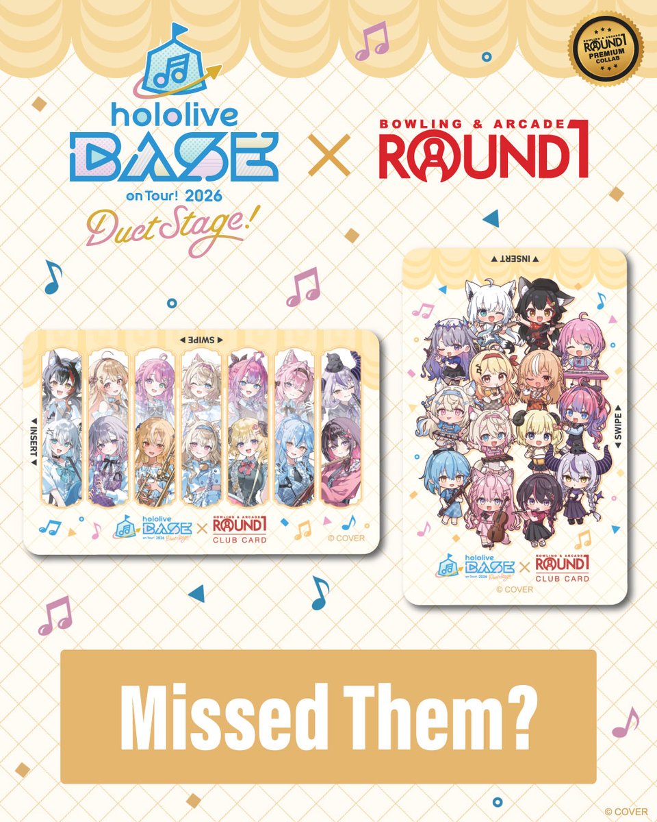 Round1USA's tweet photo. Did you miss the special hololive BASE on Tour! 2026 Duet Stage! game card at AX?
Don't worry! A special hololive BASE club card is coming to Round1 locations nationwide. Stay tuned for more details!

#Round1USA #round1 #holoR1 #hololiveBASE #R1PremiumCollaboration https://t.co/GlrsVoMmlE