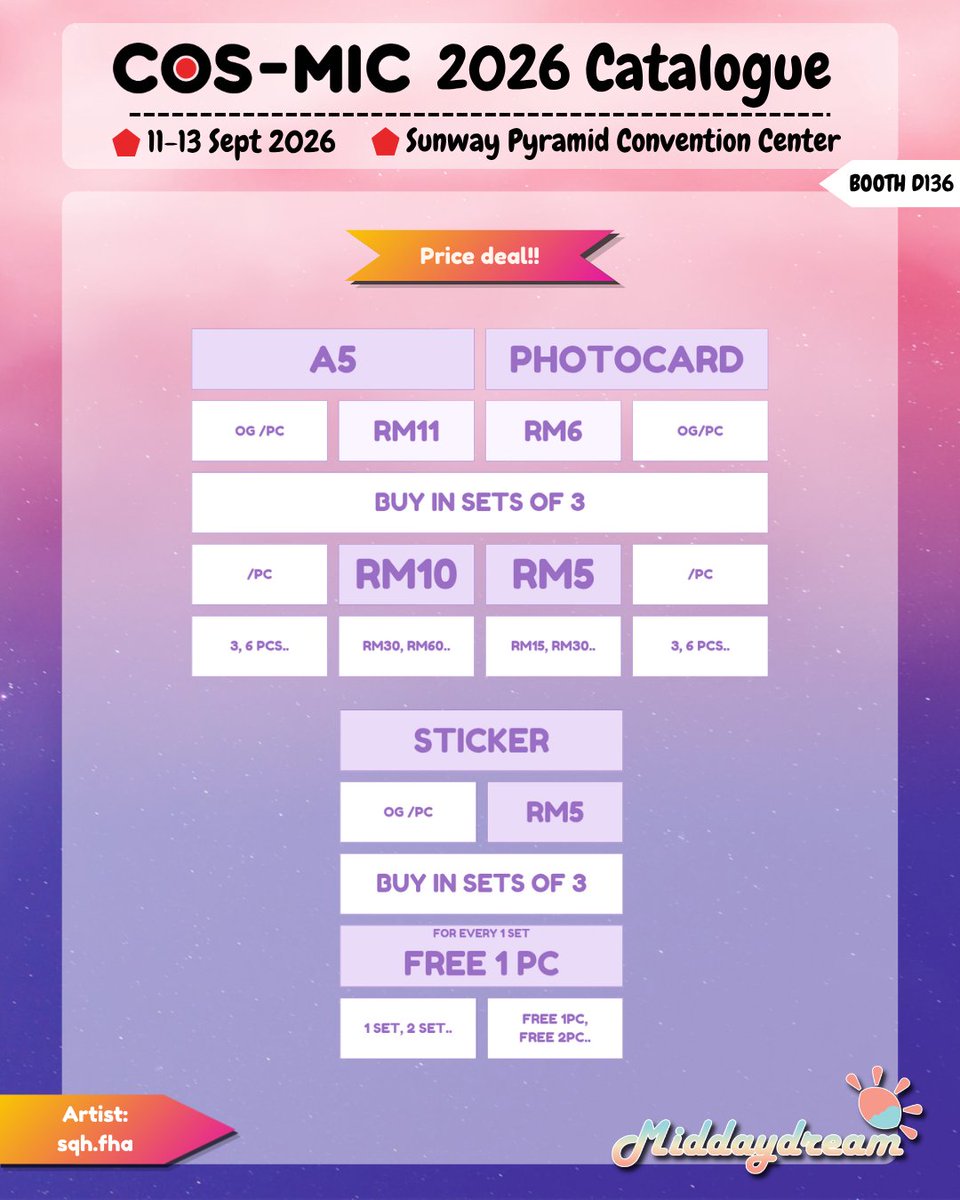 sqhfha's tweet photo. HI EVERYONE!

I'll be boothing at Cos-Mic 2026 Sunway Pyramid 11-13 September 2026! 

We are a group of 5 artists called Midnightmare Middaydream, D136 

My stuff are JJK, LADS, Ateez and Aespa :3

Say hi to us!
#cosmic2026 #cosmic2026catalogue #cosmicasia2026 #cosmicasia #cosmic https://t.co/c1TPLwGRZf