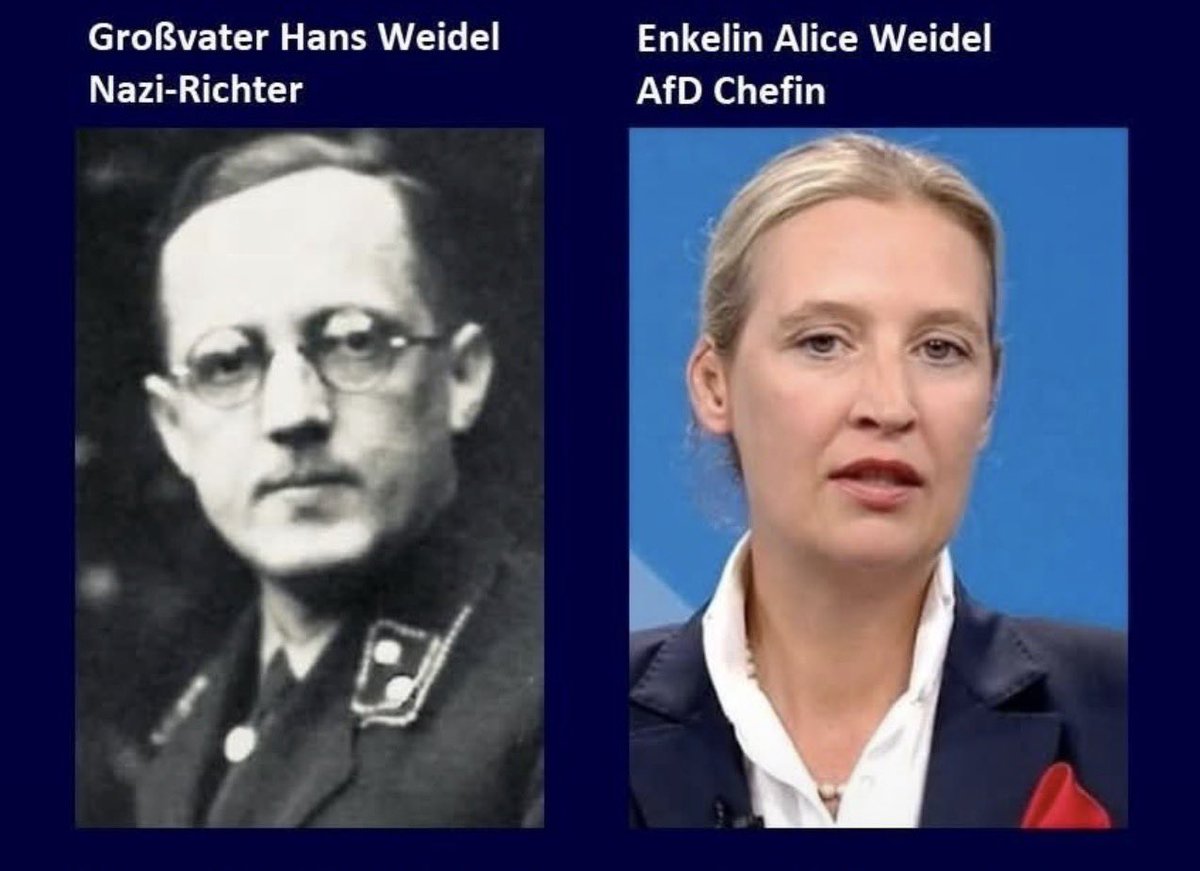 PawlowskiMario's tweet photo. Here is a piece of history about Alice Weidel from AfD party worth knowing🇩🇪🇵🇱

Alice Weidel’s grandfather, Hans Weidel, was not simply “a German who lived during the Nazi era.” He joined the Nazi Party in 1932, joined the SS in 1933, and later became a Wehrmacht military judge. From 1941, he served as a military judge in Nazi occupied Warsaw, and by 1944 he had been promoted to Oberstabsrichter, a senior military judicial position.

That matters because Nazi military justice was not some ordinary court system operating in unfortunate circumstances. It was part of the machinery of the dictatorship. Nazi military courts issued tens of thousands of death sentences, and more than 20,000 were carried out. 

Alice Weidel leads AfD. Her party opposes German military support for Ukraine and has advocated ending sanctions on Russia. Weidel herself has called for restoring German economic and energy relations with Russia.

Weidel says she did not know about her grandfather’s Nazi past because there was no meaningful family relationship with him and the subject was not discussed in her family. I don’t believe that, and it’s up to you to judge her.