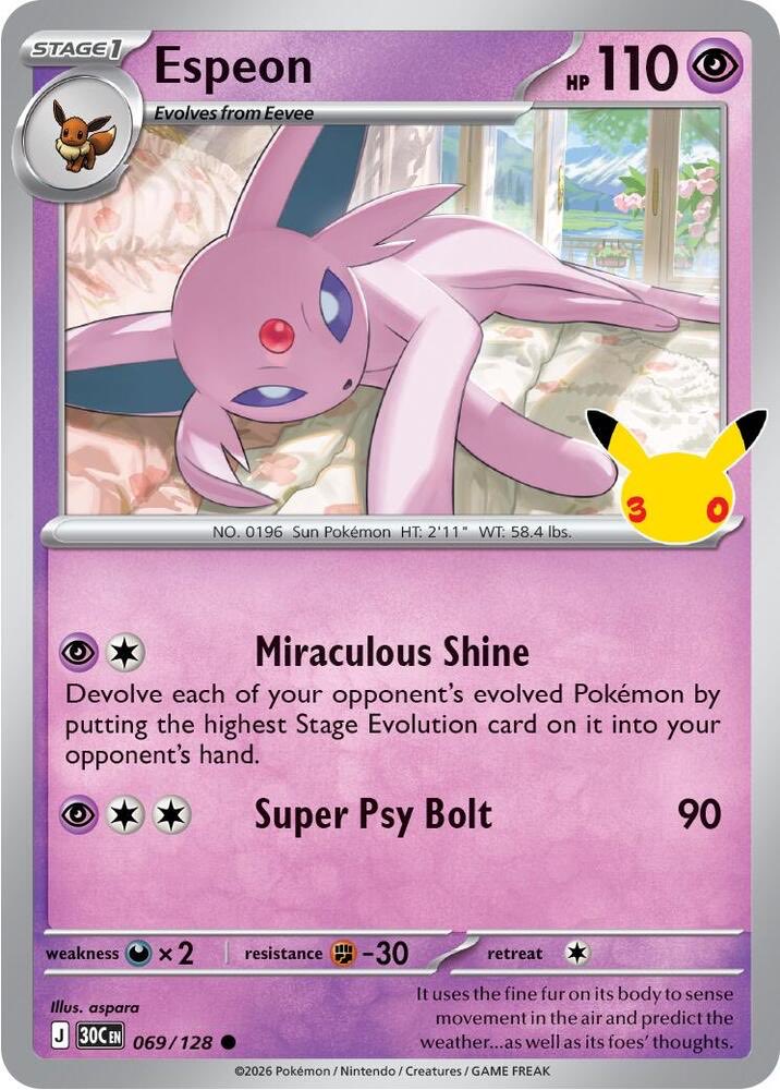 PokeTownTCG's tweet photo. ✨ Espeon Showcase! ✨

We rebuilt it around Munkidori, Froslass, Budew &amp; Elgyem to control the game until Espeon can strike.

Miraculous Shine did something… but man, it still doesn’t quite hit like TM Devolution 😅

Decklist below 👇

#PokemonTCG #30thCelebration https://t.co/OSoN4YS9C8