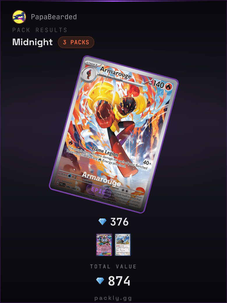 PapaBeardedNFTs's tweet photo. I ripped the 2nd of my 3 Binnacle promo 3 packs of Pitch Black

Compared the results to 3 equivalent packs on @Packly_gg

Not bad overall with 2 ex's IRL

Packly brought the 🔥 with the Armarouge IR and another ex

Ever wonder if you'd hit better digitally?

I should have just ripped on Packly 😅