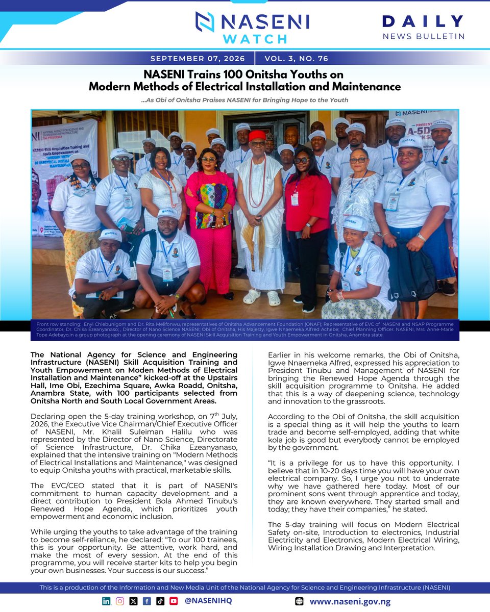 NASENIHQ's tweet photo. NASENI Trains 100 Onitsha Youths on Modern Methods of Electrical Installation and Maintenance

#ANewNASENI #NASENIWatch #DailyReview #Science #InfinitePossibilities https://t.co/0g0W2pZcl0