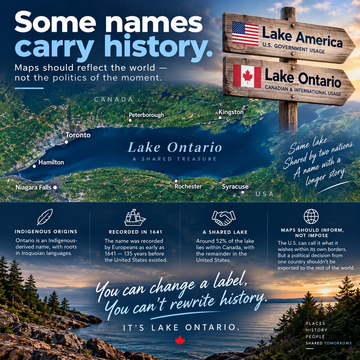 evaacloudletw's tweet photo. I understand @Apple have to use Lake America for #US following an executive order. But why export that political decision beyond US borders? #Ontario is an Indigenous name recorded in 1641, 135 years before the US existed. You can change a label, but that won’t rewrite history. https://t.co/XQSYZhmS7I