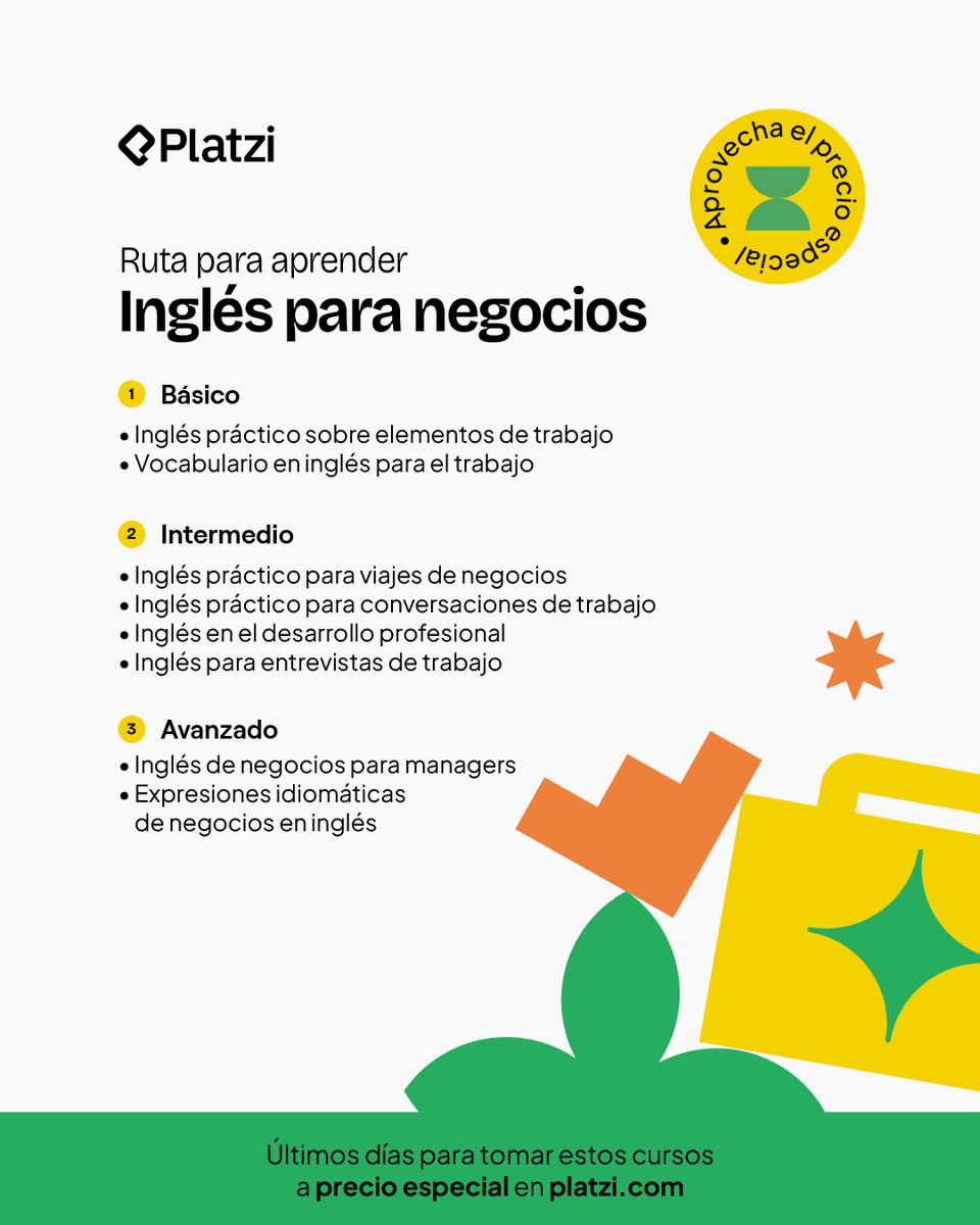 platzi's tweet photo. El inglés que necesitas para el trabajo es el que te sirve en una entrevista, una llamada o una negociación real.
Esta ruta te lleva de básico a avanzado, con eso en mente.
Últimos días a precio especial en https://t.co/wTuIn7TwRw ⚡
#InglésDeNegocios #Platzi #PrecioEspecial https://t.co/HYN1bBIvvz