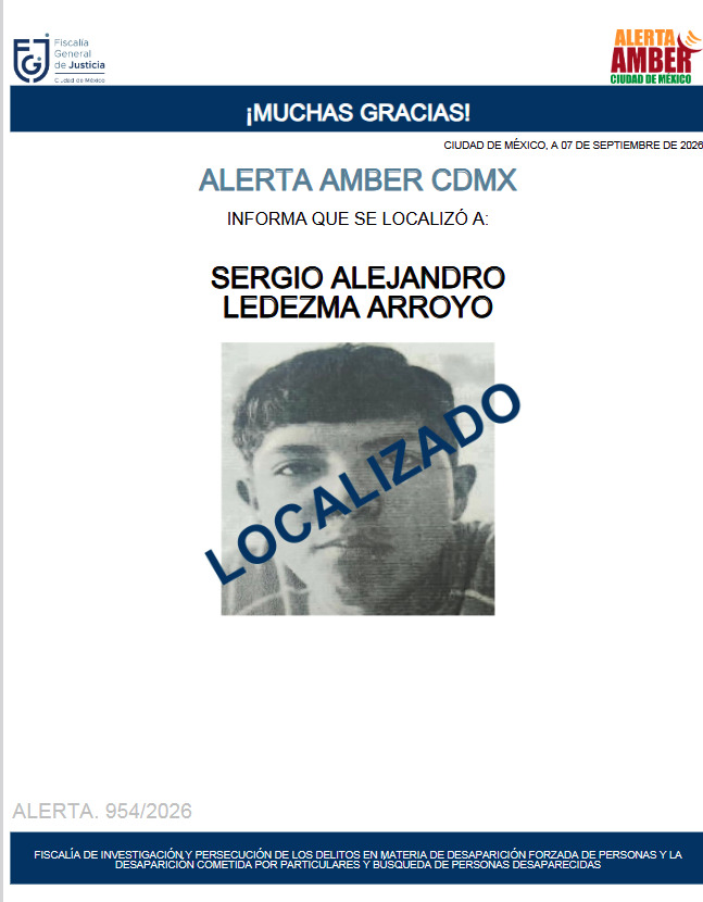 AAmberCDMX's tweet photo. Fue localizado el menor de edad, Sergio Alejandro Ledezma Arroyo. Agradecemos a la ciudadanía, medios de comunicación e instituciones. Se desactiva #AlertaAmber https://t.co/wJe9XS6XTO