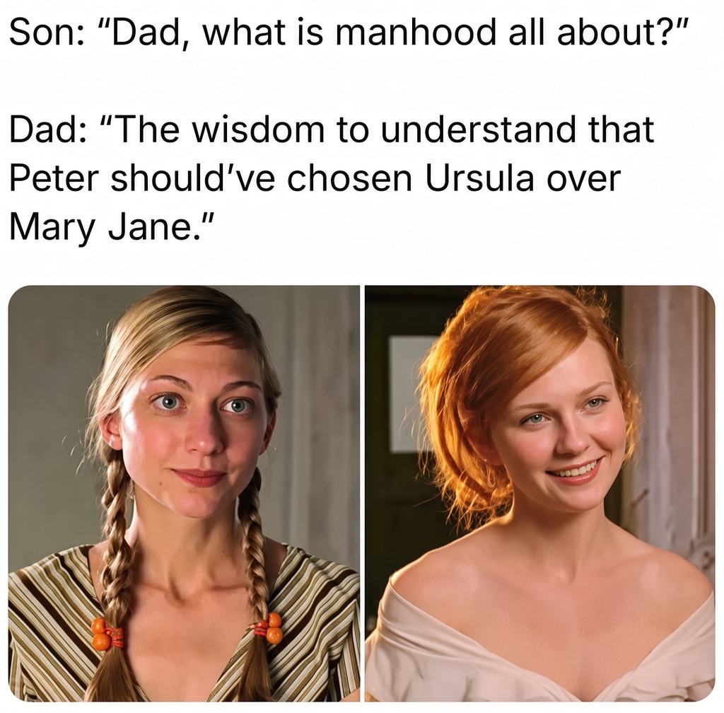 light4ever_now's tweet photo. A Grok-enhanced version of a pre-AI meme:
Grok actually improved Mary Jane's appearance. Nevertheless, Peter still should have chosen Ursula. https://t.co/VpejWwTaoW