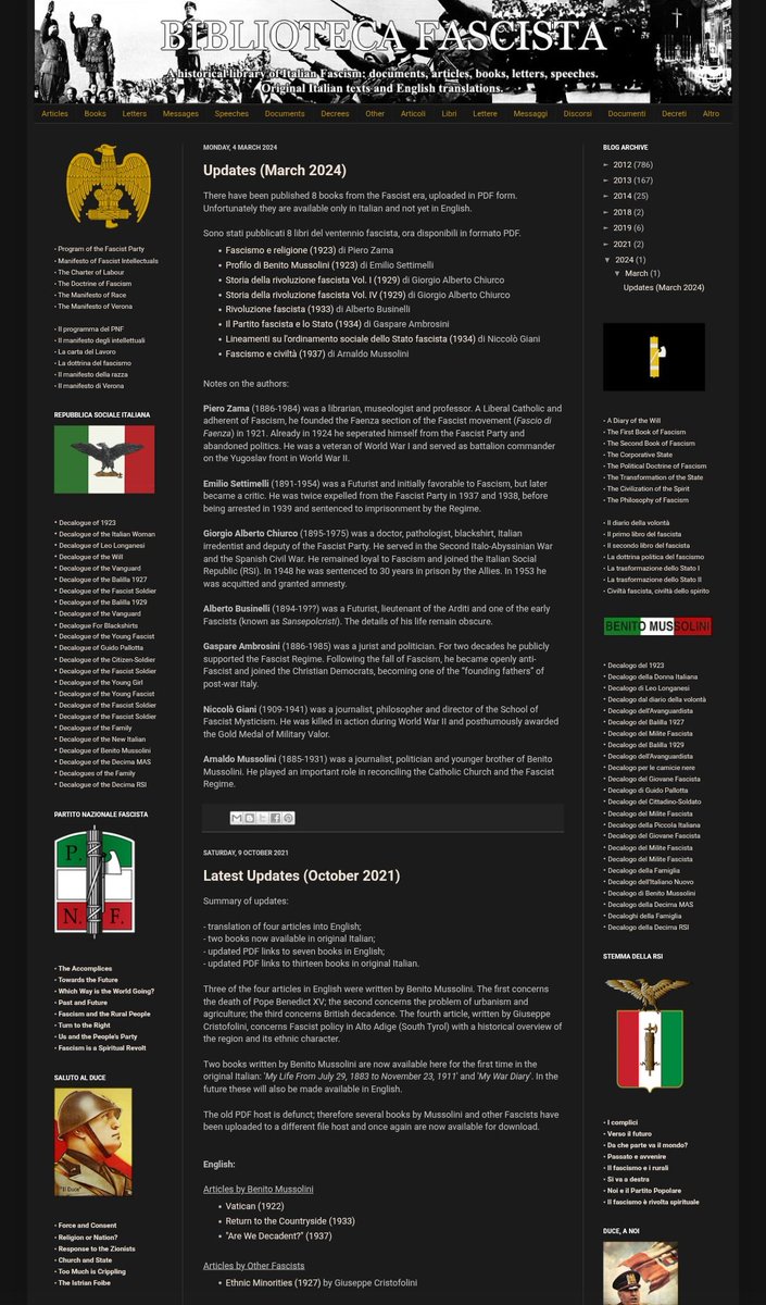 NSLitArchive's tweet photo. Guess I'll use this to promote the Biblioteca Fascista project.

Tons of texts that are 300+ pages (page numbers shouldn't even be a qualifier about whether a text is worth it, but I digress) in both English and Italian. You could once pretend like Fascism and National Socialism had no literary merit or theory, but we're in a new age now, one where these primary texts are more accessible than ever before.

Biblioteca Fascista: https://t.co/t9lvrwqiKO