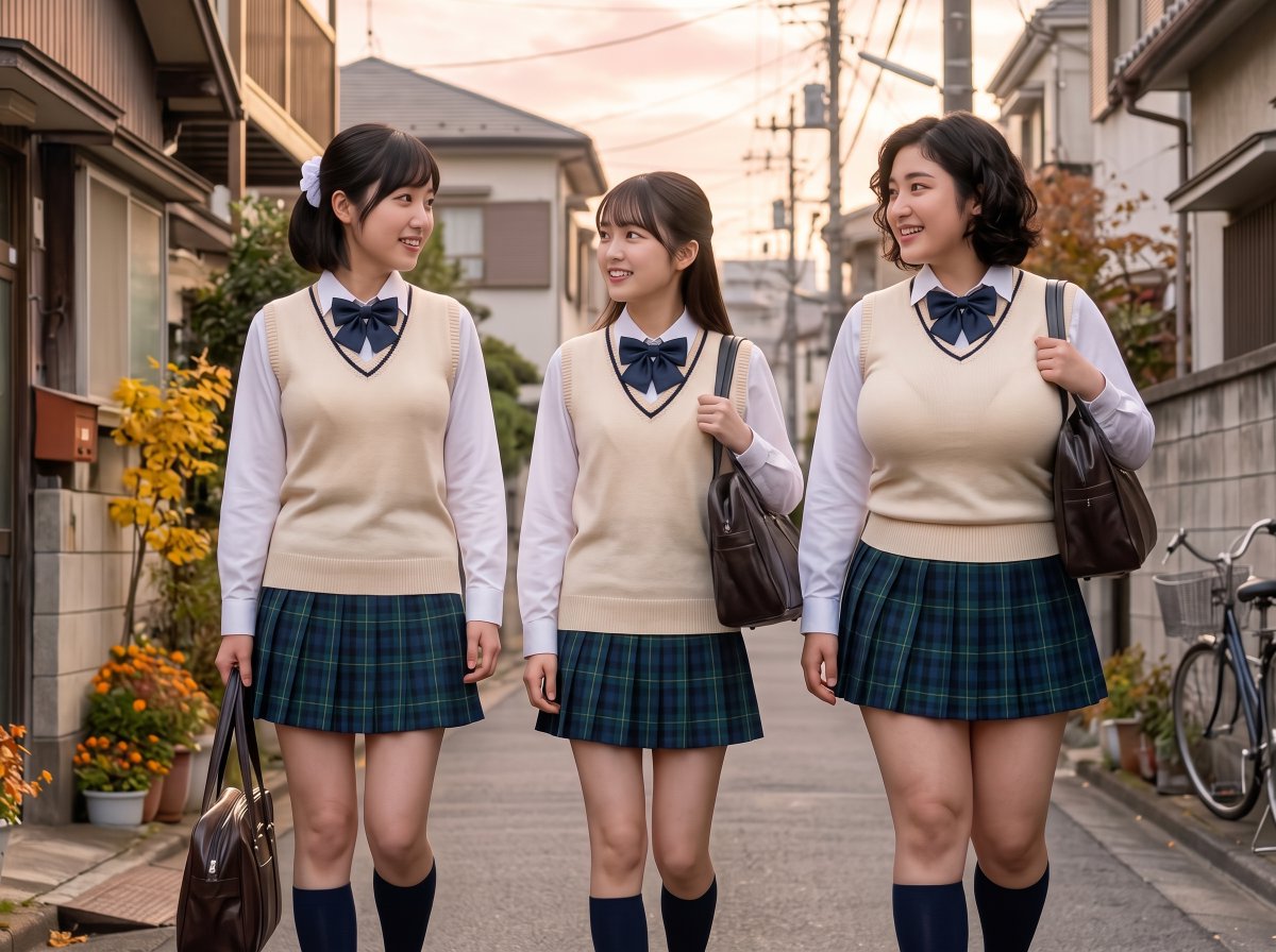 Poyom_f's tweet photo. 秋らしい制服の三人はどうかな?
白いブラウスに紺のボウタイ
ベージュのベスト
紺と緑のチェック柄のプリーツスカート
#AIart #Threeshot https://t.co/gLbfx5rkuv