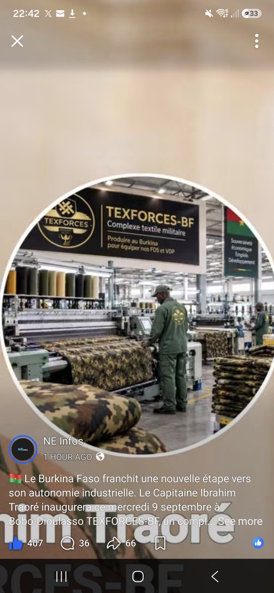 LeonorCosta01c's tweet photo. 🇧🇫 Burkina Faso takes another step towards industrial self-sufficiency. Captain Ibrahim Traoré will inaugurate TEXFORCES-BF this Wednesday, September 9th, in Bobo-Dioulasso. This 15 billion CFA franc military textile complex is designed to locally equip the security forces (FDS) https://t.co/mudbFrByIH