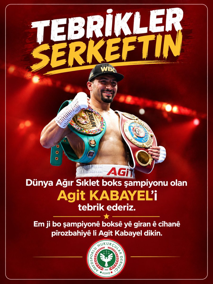 amedskhukukder's tweet photo. TEBRİKLER/SERKEFTIN

"Dünya Ağır Sıklet boks şampiyonu olan Agit KABAYEL'i tebrik ederiz"

"Em ji bo şampiyonê boksê yê giran ê cîhanê pîrozbahiyê li Agit Kabayel dikin" https://t.co/oMRwOdDaOm