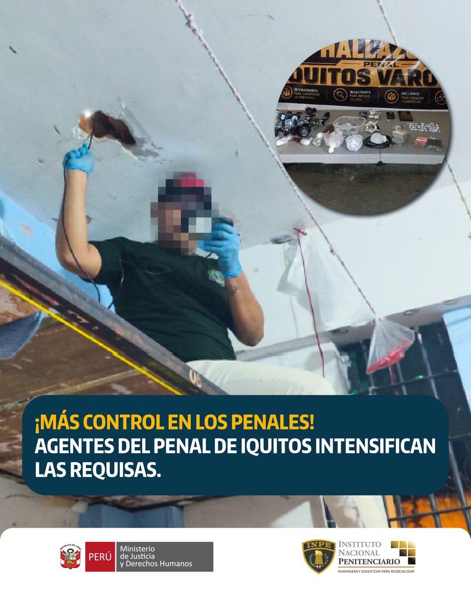INPEgob's tweet photo. ¡EL CONTROL SE INTENSIFICA EN LOS PENALES!

En el penal de Iquitos, agentes penitenciarios realizaron una requisa y decomisaron celulares, sustancias ilícitas, objetos punzocortantes y otros artículos prohibidos. https://t.co/H5IwNxEOpL