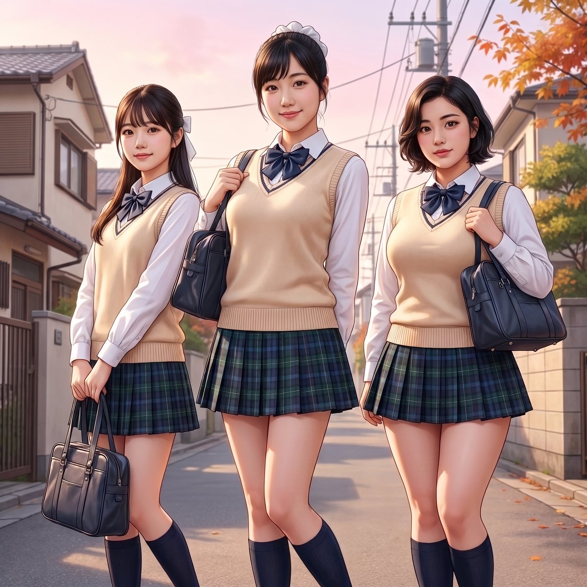 Poyom_f's tweet photo. 秋らしい制服の三人はどうかな?
白いブラウスに紺のボウタイ
ベージュのベスト
紺と緑のチェック柄のプリーツスカート
#AIart #Threeshot https://t.co/gLbfx5rkuv