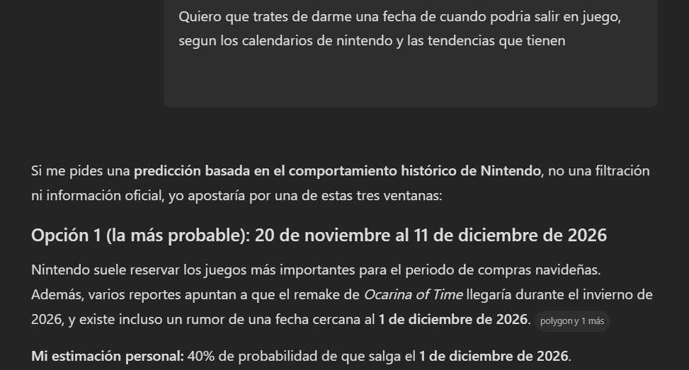 Rocket2919's tweet photo. Le pregunte a 3 IAs diferentes cuando va a salir el remake de #ZeldaOcarinaOfTime #OOT, sera que enverdad sale el 20 de noviembre, yo lo veo para el 12, #Nintendo #Switch #NintendoDirect #Zelda40th https://t.co/y4Nf5GovI0