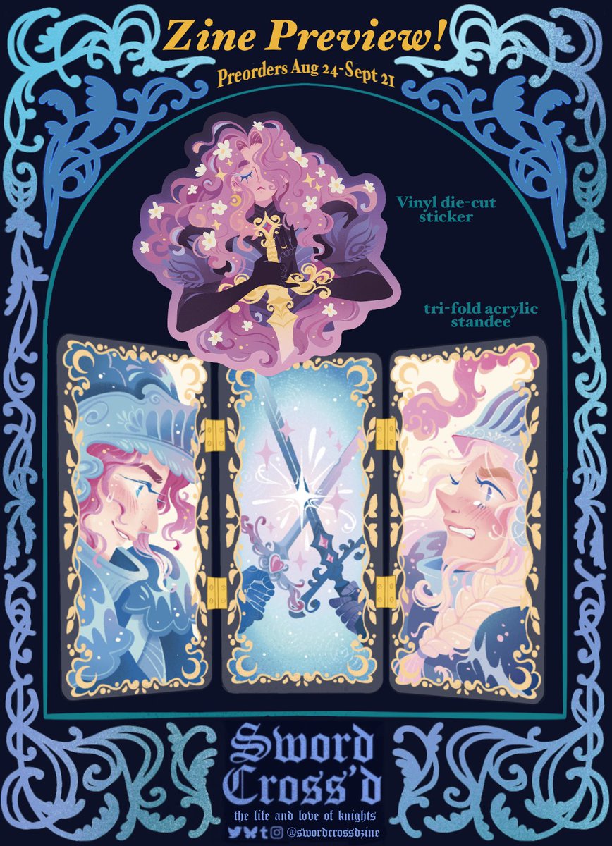 Aadorah's tweet photo. ✨ Pre-orders close in Two weeks ✨
A beautiful book full of knights by @SwordCrossdZine 

Here's the merch I made for this project, a pink haired knight sticker and a trifold standee with enemies to lovers fighting. https://t.co/C8gMDn1V6i