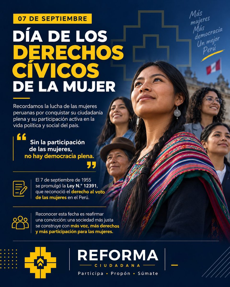 ReformaMovCid's tweet photo. 🇵🇪 El derecho a participar no fue un regalo. Fue una conquista.

En 1955, la Ley N.º 12391 reconoció el voto de las mujeres en el Perú. Hoy, una democracia plena exige igualdad para participar y decidir.

💛 Más ciudadanía. Más participación. Más democracia.

#ReformaCiudadana https://t.co/cD4WmK5uAL