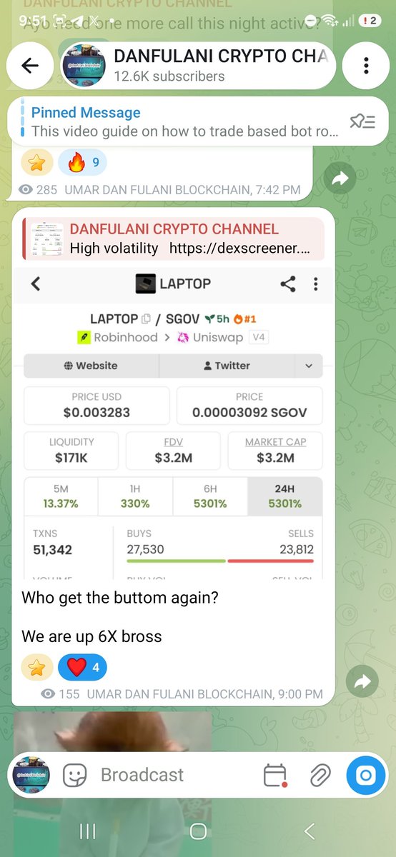 danfulaniweb3's tweet photo. Before hunters Biden launched his token $laptop we are o ready mooning our $laptop token on robinhood with my cabals pushing this.

0x76Ed1E2A8Fc3873FcB5c514688Ca2Fe8A3600b7F

We are up 6X from my initial call

600k mcap---‐-----------4m mcap

Joined my channel for more free call
https://t.co/J85WPpNCg7