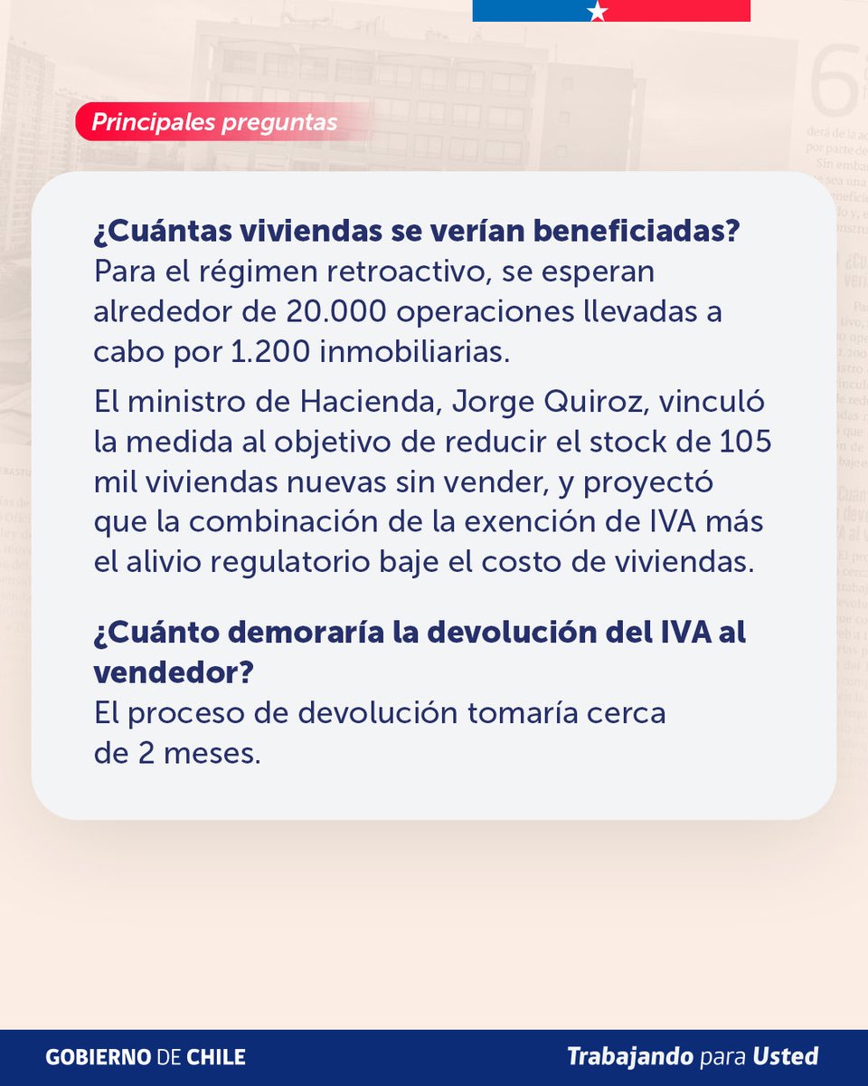 SubseHacienda's tweet photo. 🏠 ¿Suspensión del IVA a la vivienda nueva? Hacienda aclaró las principales dudas sobre el beneficio: cuándo entra en vigencia, en qué consiste y cómo acceder. "Más chilenos podrán acceder a viviendas nuevas más baratas", señaló el subsecretario Sebastián Vallebona. 🇨🇱 https://t.co/T0ItgVL1Xf