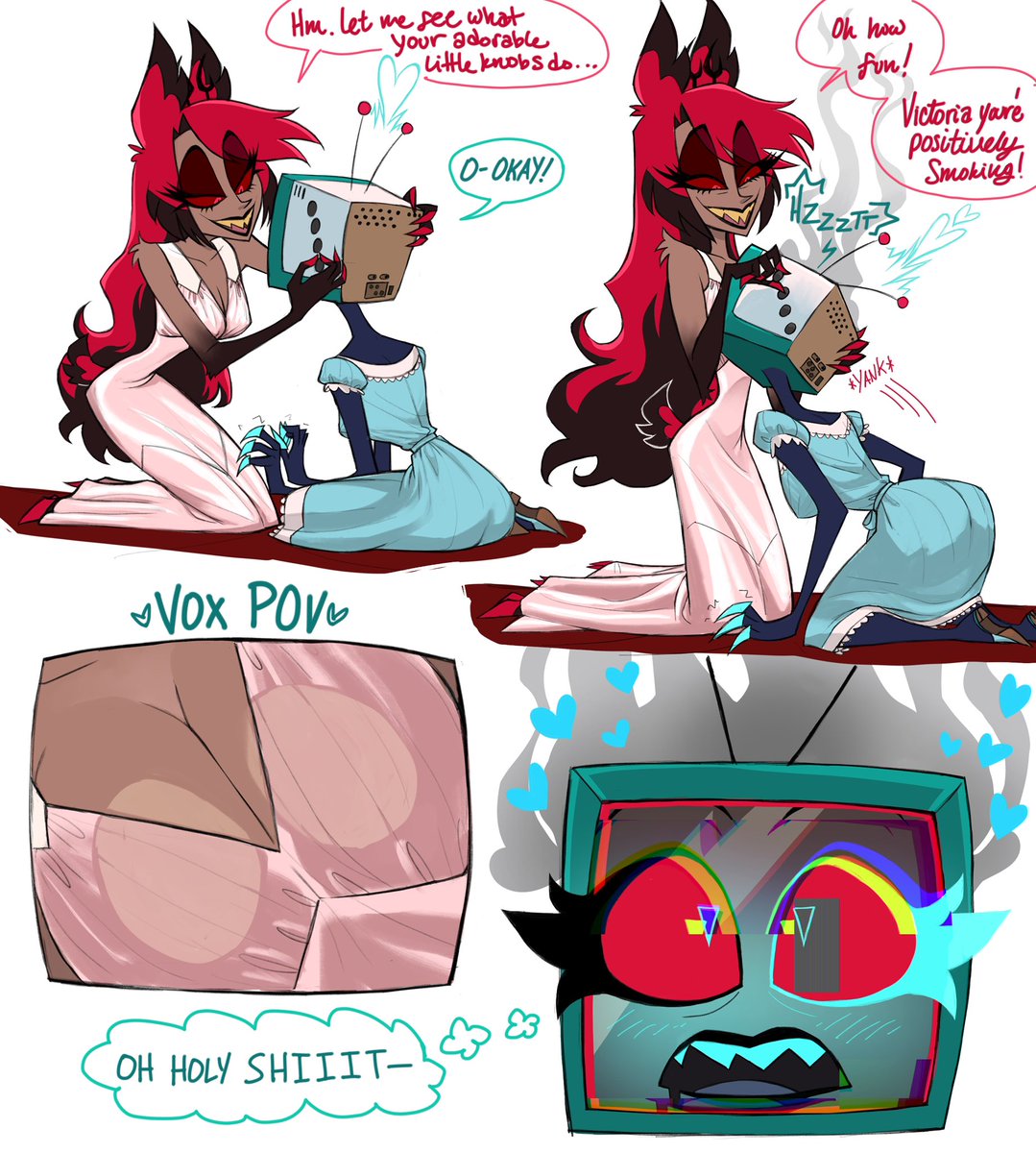 creatrixanimi's tweet photo. Since everyone seemed to like my fem Al and Vox doodles here are some more! The girls have a sleepover! 
#hazbinhotel #alastor #vox #femalastor #femvox #radiostatic #yuriostatic https://t.co/snacZF2sUp