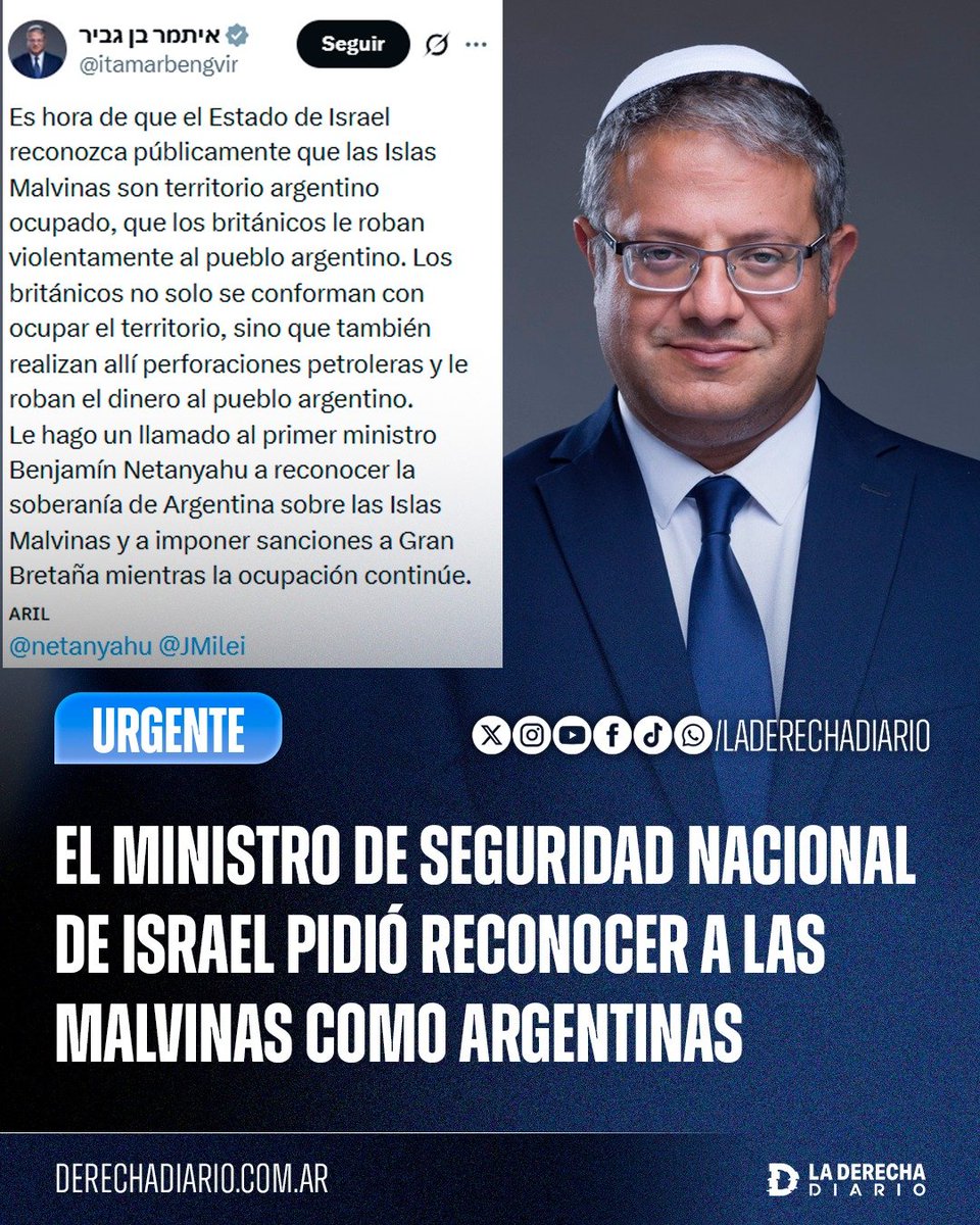 laderechadiario's tweet photo. 🚨🇮🇱🇦🇷🇬🇧 | URGENTE — EL MINISTRO DE SEGURIDAD NACIONAL DE ISRAEL PIDIÓ RECONOCER A LAS MALVINAS COMO ARGENTINAS: Itamar Ben-Gvir afirmó que las islas son “territorio argentino ocupado”, acusó al Reino Unido de robar recursos al pueblo argentino y le pidió a Benjamin Netanyahu reconocer formalmente la soberanía de la Argentina e imponer sanciones a los británicos mientras continúe la ocupación.

El pronunciamiento se da en medio del fuerte acercamiento entre Israel y la Argentina impulsado por la relación de Javier Milei con el Gobierno israelí.