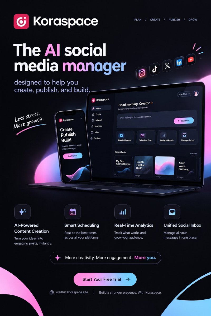Adakole56Andrew's tweet photo. Stop juggling multiple tools for your digital presence. Koraspace streamlines your entire workflow into one AI-powered workspace.
Create, Publish, Post
Less stress. More growth.
๐ Join the waitlist: https://t.co/YCpOHUPHAr
#ContentCreation #SaaS #aitools #smm #koraSpace https://t.co/lIe9XGB5CC