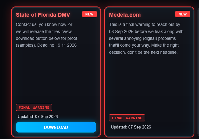 CTI__Updates's tweet photo. ShinyHunters has listed "State of Florida DMV" and "Medela[.]com"

#FL #florida #osint #threatintel #dmv #omv https://t.co/3L02Po9yV4
