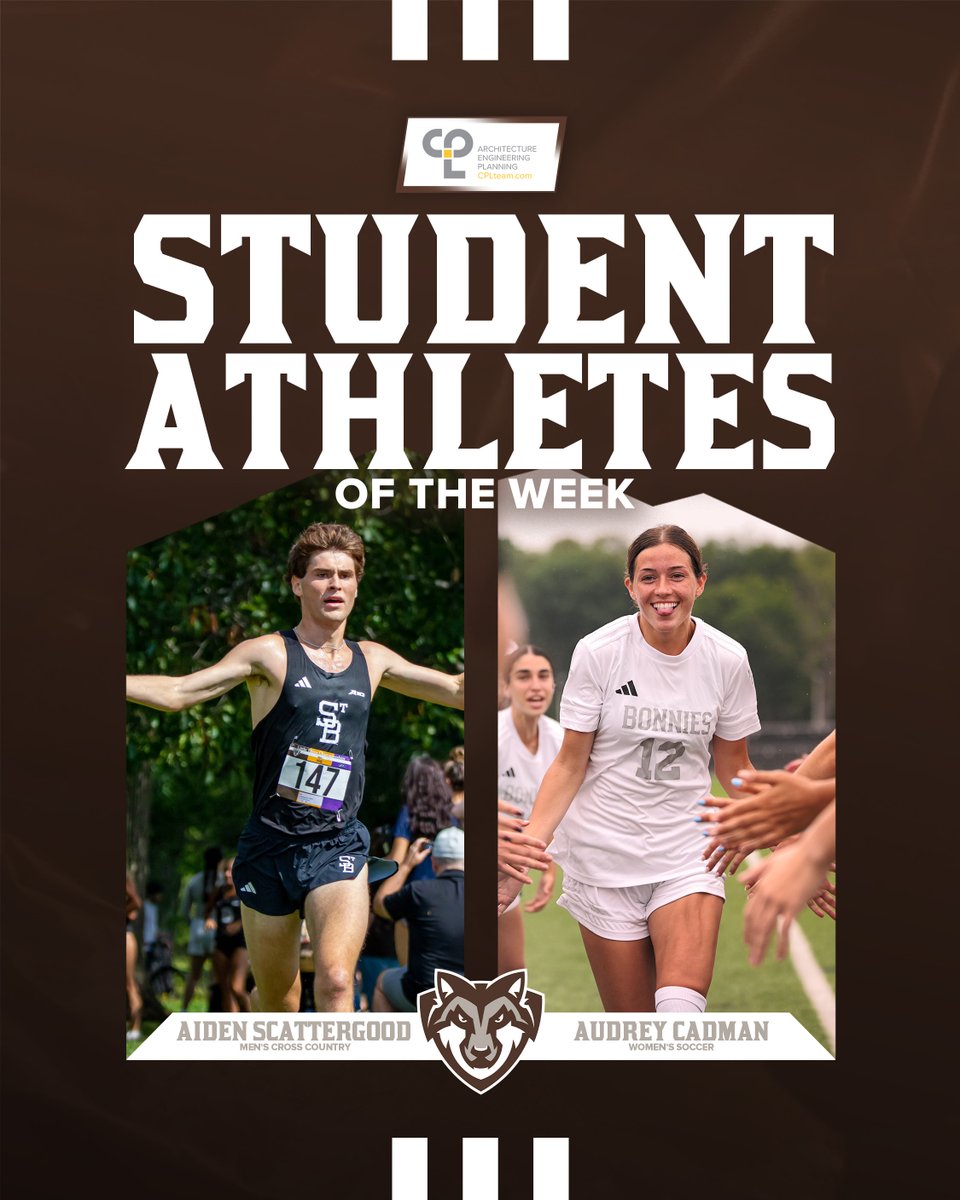 GoBonnies's tweet photo. Congrats to our first Student-Athletes of the Week presented by CPL! 🤩

🏃‍♂️ @BonniesXCTrack grad Aiden Scattergood captured the win at the first meet of the year

⚽ @BonniesWSoccer r-junior Audrey Cadman scored 2 goals last week

🔗 https://t.co/mQF6NuTTM9 https://t.co/wHJ2kJWrrr
