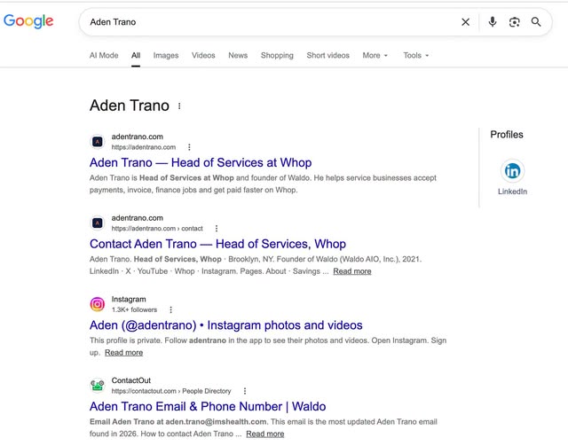 dennisyu's tweet photo. Look who just got their Google Knowledge Panel today! Aden went from invisible last week to having a brand new strong personal brand website that ranks #1 on his name. Google already assigned him a confidence score of 63, so he was able to claim his knowledge panel today. Key point is that he was ALREADY a successful entrepreneur who sold his last company and joined Whop, a $5 billion payment processing company. His accomplishments and relationships just weren't visible online-- Instagram and Slack don't count. If you join Whop (free) to grow your business with payments and AI support tools, we'll help you grow your personal brand to get more deals via more visibility, too. Link in the comments.