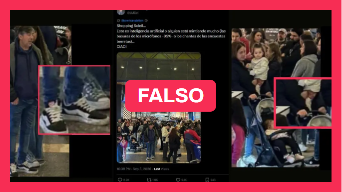 Chequeado's tweet photo. [NUEVO] 📸 La foto del shopping que compartió Milei: ¿qué se sabe sobre la imagen y sus indicios de IA?

🤳 El Presidente compartió en X una foto que muestra una gran cantidad de personas en un shopping de San Isidro, como evidencia de una supuesta recuperación del consumo.

🔍 La imagen es actual y corresponde al shopping Soleil, en el barrio de Boulogne, según comprobó @Chequeado. Pero no se puede determinar la fecha exacta en la que se tomó. Además, hay indicios de que fue modificada con IA.

⚠️ Por otra parte, una sola imagen no alcanza para demostrar una recuperación del consumo.

🧵👇