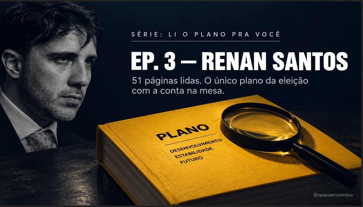 opapoeconomico's tweet photo. Li as 51 páginas do plano de governo do Renan Santos pra você não precisar ler.

Episódio 3 da série sobre os planos econômicos dos presidenciáveis. Até agora: Lula reprovado (84 páginas que não encaram a dívida), Flávio incompleto (encara o problema, some com o número).

Esse aqui quebra o padrão: é o único plano da eleição com o número do ajuste escrito no papel. O que faz dele também o único que dá pra auditar de verdade.

E a auditoria achou coisa: uma tabela que ninguém reportou, um número que os outros dois não têm e uma soma que ainda deve. Vem comigo 🧵