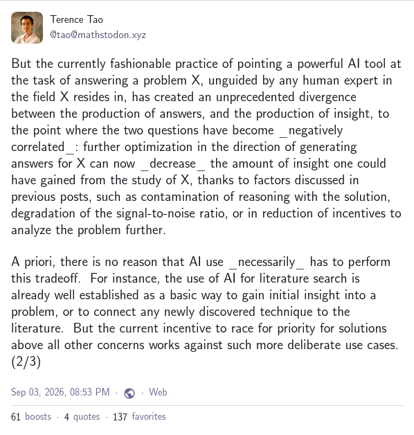 gro_tsen's tweet photo. Terence Tao now saying a number of things I've been saying for some time: 🔽 (Good, people will listen a bit more to him. But unfortunately, this won't change attitudes one bit.) https://t.co/0k3OLBUp3m