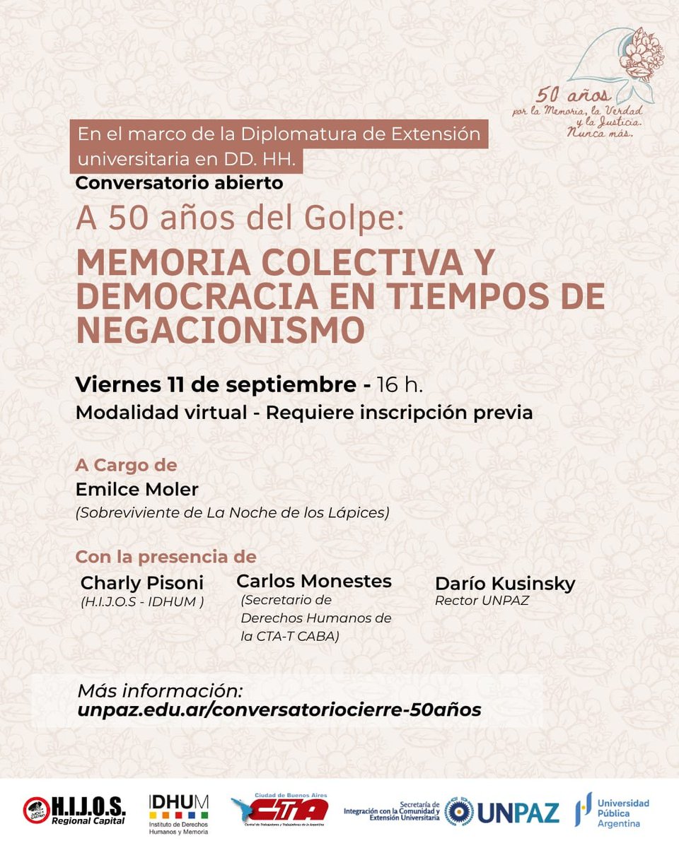 hijos_capital's tweet photo. Conversatorio abierto 
A 50 años del golpe, Memoria colectiva y democracia en tiempos de negacionismo 

Viernes 11.9
16 horas 
Anotate acá
https://t.co/2ax2XuD7fx https://t.co/1kOwuE9IU4
