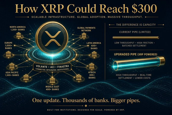 Emilyaaqt's tweet photo. How $XRP will reach $300

Shortly after the clarity law is enacted, banks will start using XRP. Those who say XRP will rise slowly or only reach $5 or $10 view banks like grocery stores joining the system one by one. However, Ripple has already partnered with giant infrastructure providers like Volante, ACI Worldwide, and FINASTRA.

​The reality is that these infrastructure providers serve thousands of banks with a single update. In other words, Ripple does not need to sign individual contracts with 13,000 banks. The moment they plug into the central cloud, all banks connected to the system become capable of using XRP liquidity.

​Therefore, "it will take years" claims represent a failure to understand the speed of the software world. XRP is a payment transfer system.

If XRP remains at $10-$20, it would be like trying to transfer the water in the ocean with a small straw. The straw needs to grow, and large pipes are required. Therefore, as the price increases, the pipes expand and the transfer becomes much faster.