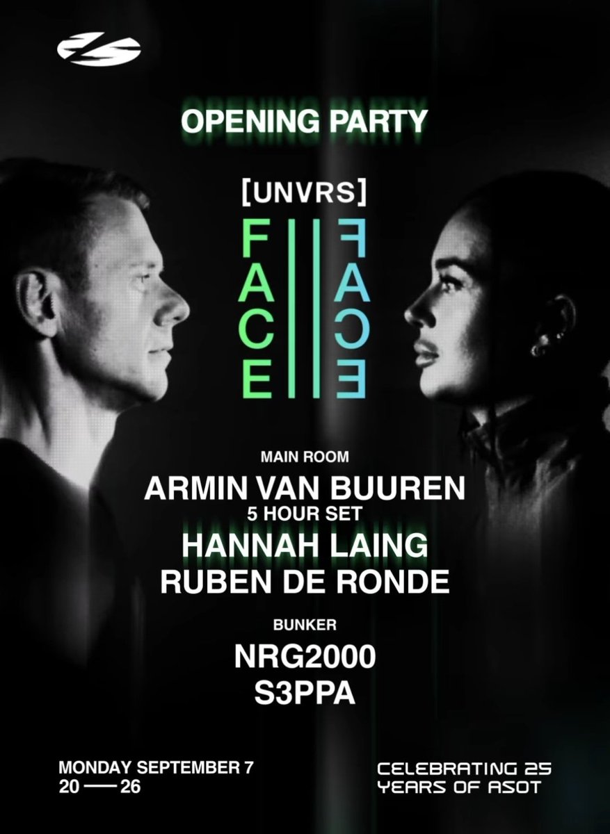 Clubbing_Ibiza's tweet photo. 🚨 NEW NIGHT STARTS TONIGHT @unvrsibiza 🚨
FACE2FACE opens @arminvanbuuren  5 HOUR SET! 🔥
 @HannahLaingDJ  + Ruben de Ronde in the Main Room  NRG2000 + S3PPA in the Bunker 25 YEARS OF ASOT. ❤️‍🔥
Some Ibiza nights are closing… this one is only just beginning. 🚀
#Ibiza2026 https://t.co/VX7JIykssH