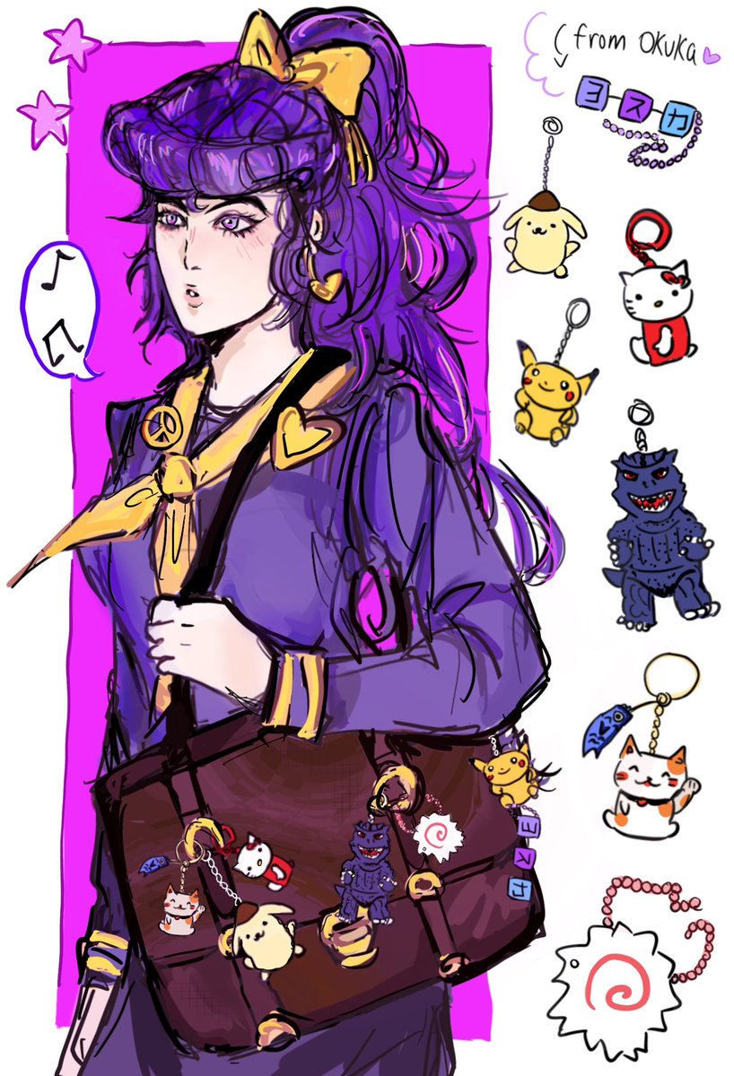 okaysammo's tweet photo. i headcanon that 🚺 josuke has a ton of keychains on her schoolbag https://t.co/j6aeWauXDp