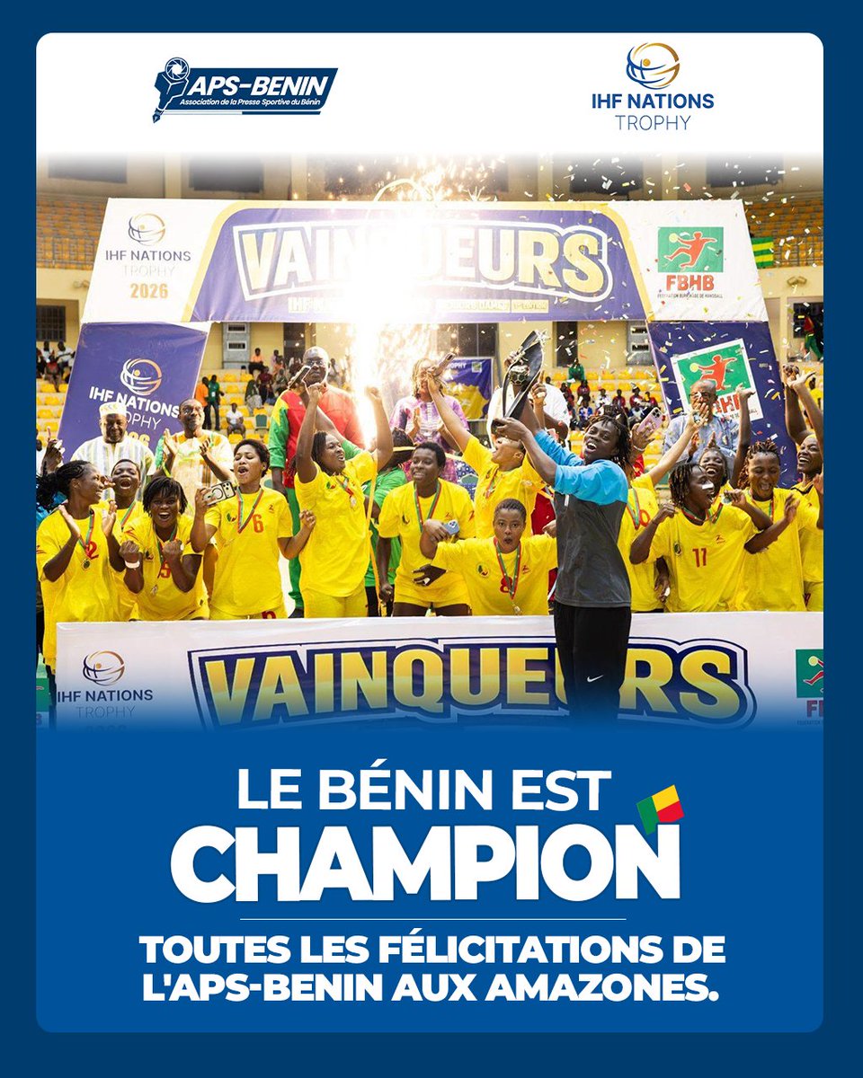 aps_benin's tweet photo. Les Amazones ont porté haut les couleurs du Bénin. 

L’APS-Bénin salue cette belle performance et adresse ses chaleureuses félicitations à toutes les joueuses et à tous.

Le mérite est collectif. La fierté aussi. 🇧🇯👏

#APSBenin #Handball #Benin #Amazones #IHFNationsTrophy https://t.co/wFOivckVSY
