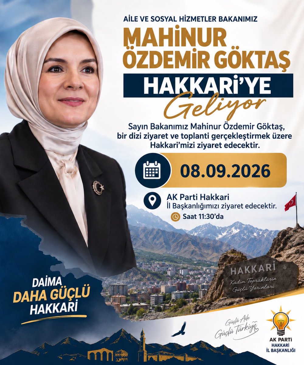 KayaZeydin's tweet photo. 📍 Hakkâri / AK Parti İl Başkanlığı

BAKANIMIZ HAKKÂRİ’MİZE GELİYOR

Bir dizi ziyaret ve toplantı gerçekleştirmek üzere Hakkâri’mizi teşrif edecek olan Aile ve Sosyal Hizmetler Bakanımız Sayın @MahinurOzdemir’ı şehrimizde ağırlıyoruz.

Sayın Bakanımız, bugün saat 11.30’da İl Başkanlığımızı ziyaret ederek teşkilatımızla bir araya gelecek.

KARDEŞLİKLE KENETLENEN, İSTİKRARLA GÜÇLENEN TÜRKİYE!

@RTErdogan
@Akparti
@abuyukgumus
@MustafaAlkayis
@byildiz63
