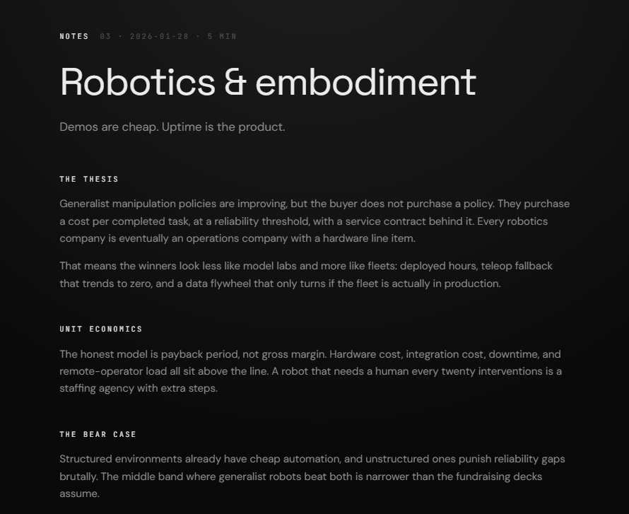 VC18zFDN's tweet photo. Robotics is moving from demos to deployment.

The real product isn’t the robot.
It’s uptime.
As models improve, the advantage shifts to fleets that can operate reliably in the real world,  with fewer interventions, lower downtime, and stronger unit economics.

We’re watching:

• Cost per completed task
• Deployment and payback periods
• Remote-operator dependency
• Fleet uptime and utilization
• Data generated in production

The winners won’t just build capable robots. They’ll build reliable operations.