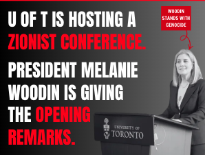 occupyuoft's tweet photo. 🧵U OF T IS HOSTING A ZIONIST CONFERENCE: PRESIDENT MELANIE WOODIN IS GIVING THE OPENING REMARKS.

On September 15th, @UofT is hosting known anti-Palestinian racist and genocide deniers. https://t.co/ZThn4p3dSz