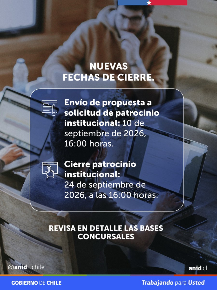 ANID_Chile's tweet photo. Informamos que el concurso Fondecyt de Postdoctorado 2027 de @ANID_Chile amplía sus plazos de postulación:

•Solicitud de patrocinio institucional: 10 de septiembre de 2026. 
•Cierre de patrocinio institucional: 24 de septiembre de 2026.

Más información: https://t.co/N8LPj8PgDe